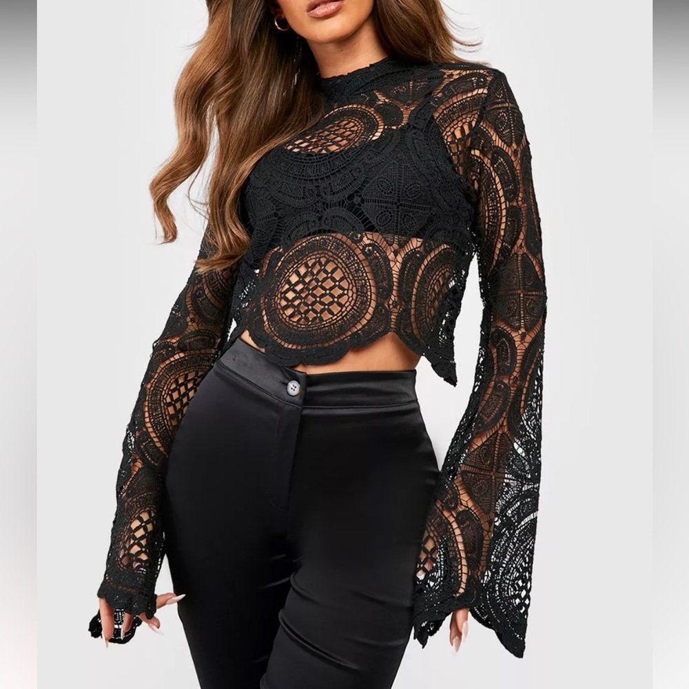 TURTLE NECK CROCHET LACE CROP TOP- boohoo